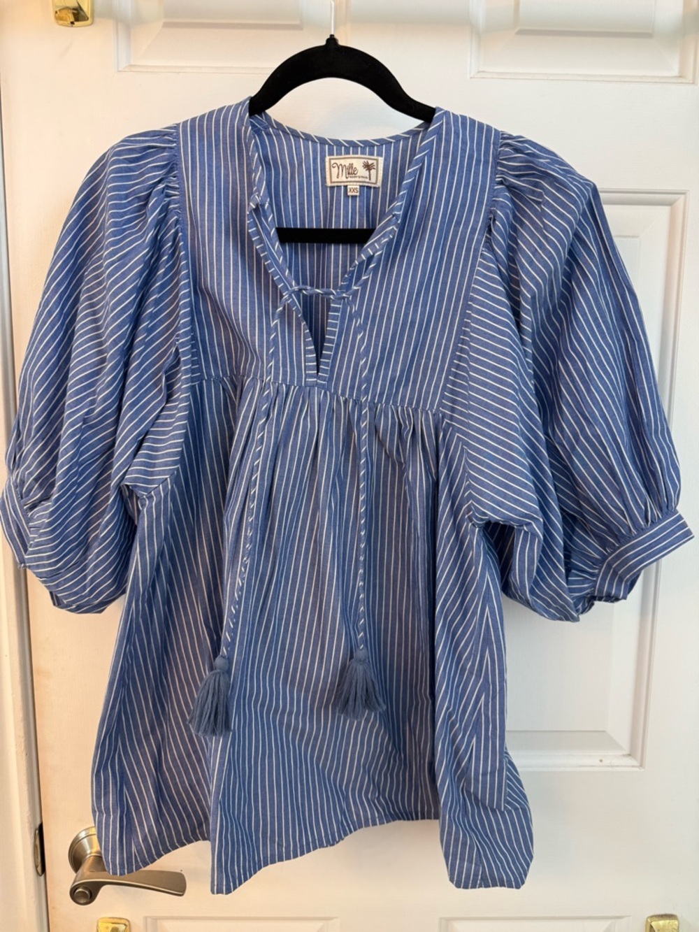 MISA Los Angeles Blue Stripe Puff-Sleeve Peasant Blouse